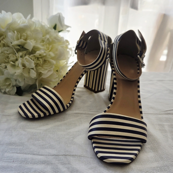 J. Crew Navy and Cream Striped Heels - Picture 1 of 6